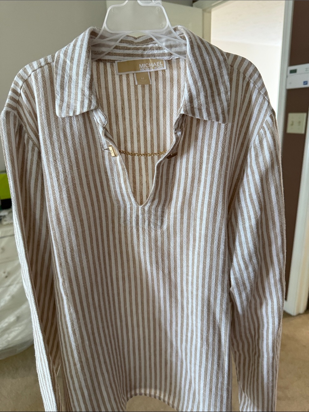 MICHAEL Michael Kors Beige and White Striped Long-Sleeve Polo with Chain Detail